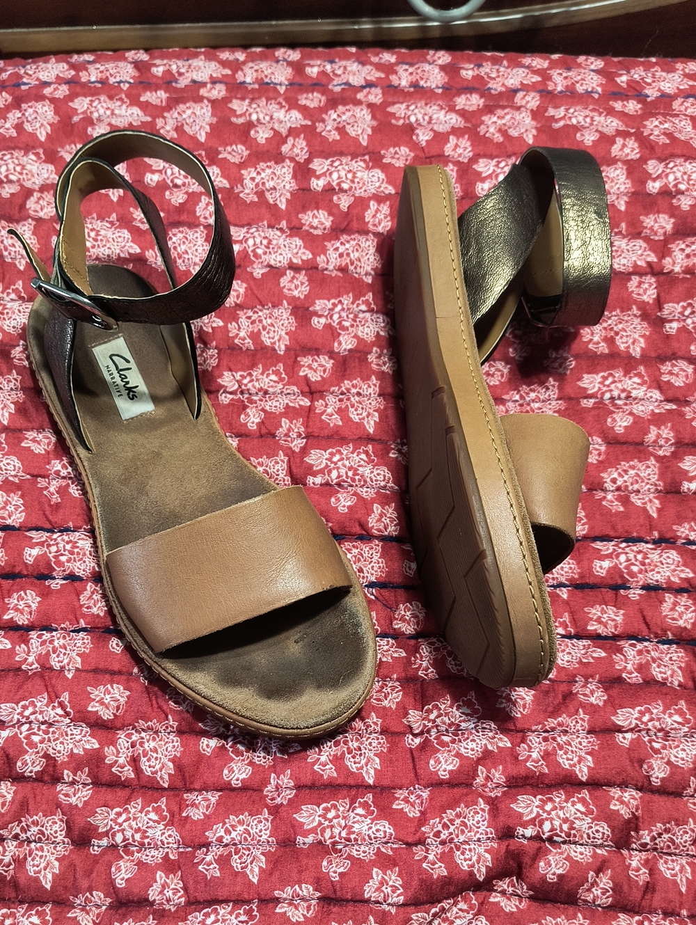Clarks Romantic Moon Two-Tone Brown and Metallic Ankle-Strap Sandals